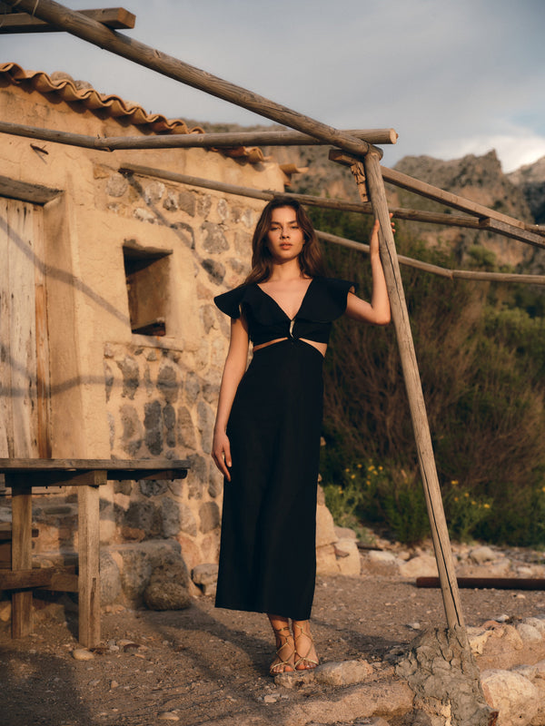 Quetzal Linen Midi Dress / Black